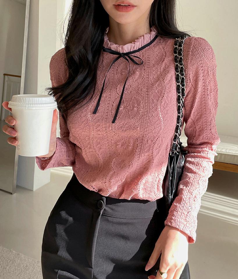 ネックフリルリボンレースブラウス・t00251 レディース 【bl】トップス ブラウス 長袖 フリルネック ウェーブレース リボン フリル スリット 大人 かわいい 可愛い 上品 きれいめ カジュアル フェミニン 秋 冬 韓国ファッション