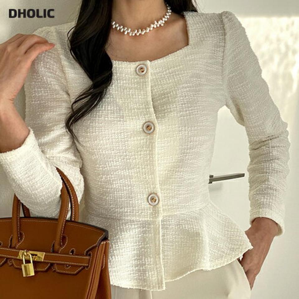 スクエアネックツイードペプラムブラウス・t00250 レディース 【bl】トップス ブラウス 長袖 スクエアネック ツイード ペプラム クロップド丈 ツイード 大人 かわいい 可愛い 上品 きれいめ カジュアル フェミニン 秋 冬 韓国ファッション