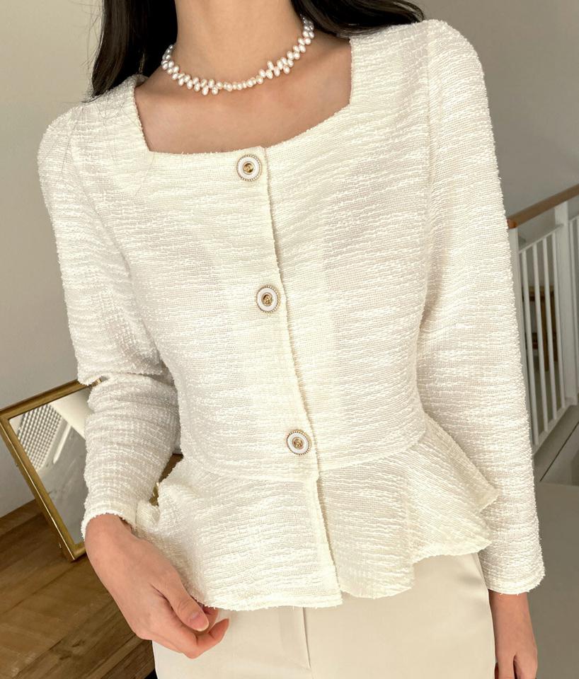 スクエアネックツイードペプラムブラウス・t00250 レディース 【bl】トップス ブラウス 長袖 スクエアネック ツイード ペプラム クロップド丈 ツイード 大人 かわいい 可愛い 上品 きれいめ カジュアル フェミニン 秋 冬 韓国ファッション