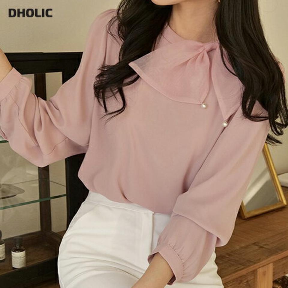 フェイクパールリボンパフブラウス・b00249 レディース 【bl】トップス ブラウス 長袖 ラウンドネック リボン パフ ギャザー フェイクパール スリット 大人 かわいい 可愛い 上品 きれいめ カジュアル フェミニン 秋 冬 韓国ファッション
