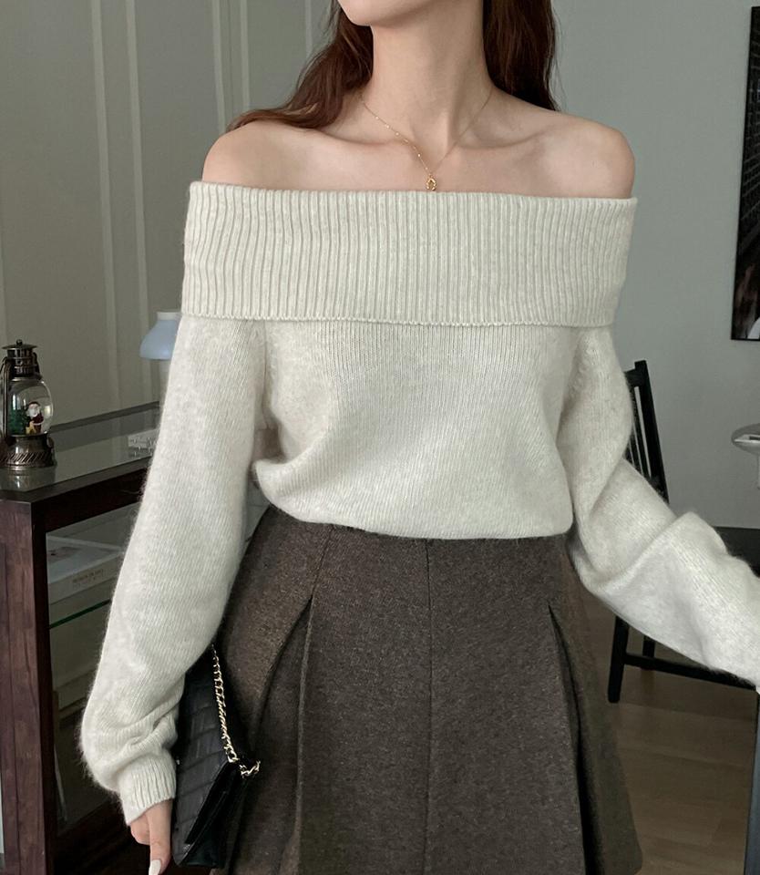 【マケット特価】フォックスファー混オフショルニット・p001061 レディース 【tops】トップス ニット 長袖 オフショルダー 鎖骨 デコルテ 肩出し 単色 無地 シンプル セクシー フォックスファー混 秋 冬 カジュアル 大人 かわいい 可愛い 韓国ファッション MKT セール