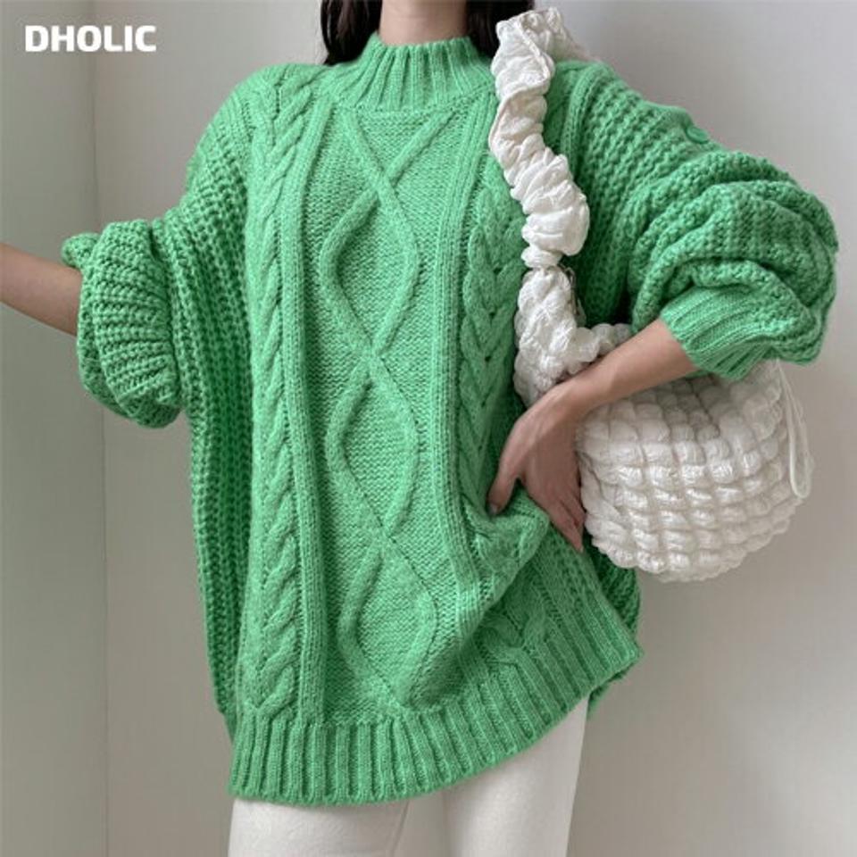 ショルダーボタンケーブルニット・p000974 レディース 【tops】トップス ニット 長袖 単色 柄 模様 ミドル丈 ケーブル編み ケーブルニット ボタン ぼたん 秋 冬 カジュアル ラフ ボリューム 緑 グリーン 韓国ファッション MKT