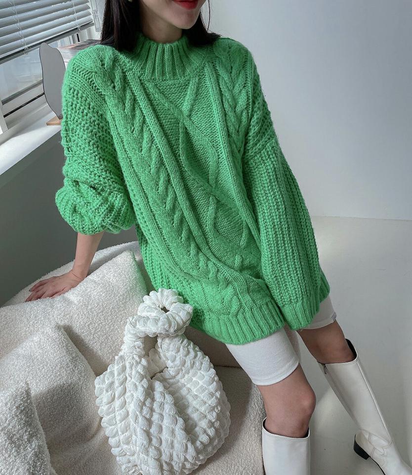 ショルダーボタンケーブルニット・p000974 レディース 【tops】トップス ニット 長袖 単色 柄 模様 ミドル丈 ケーブル編み ケーブルニット ボタン ぼたん 秋 冬 カジュアル ラフ ボリューム 緑 グリーン 韓国ファッション MKT