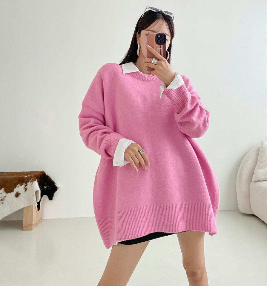 【マケット特価】ラウンドネックルーズニット・p001071 レディース 【tops】トップス ニット 長袖 単色 無地 シンプル ベーシック ラウンドネック ルーズ 秋 冬 カジュアル ラフ ドロップショルダー ゆったり 楽ちん 韓国ファッション MKT セール