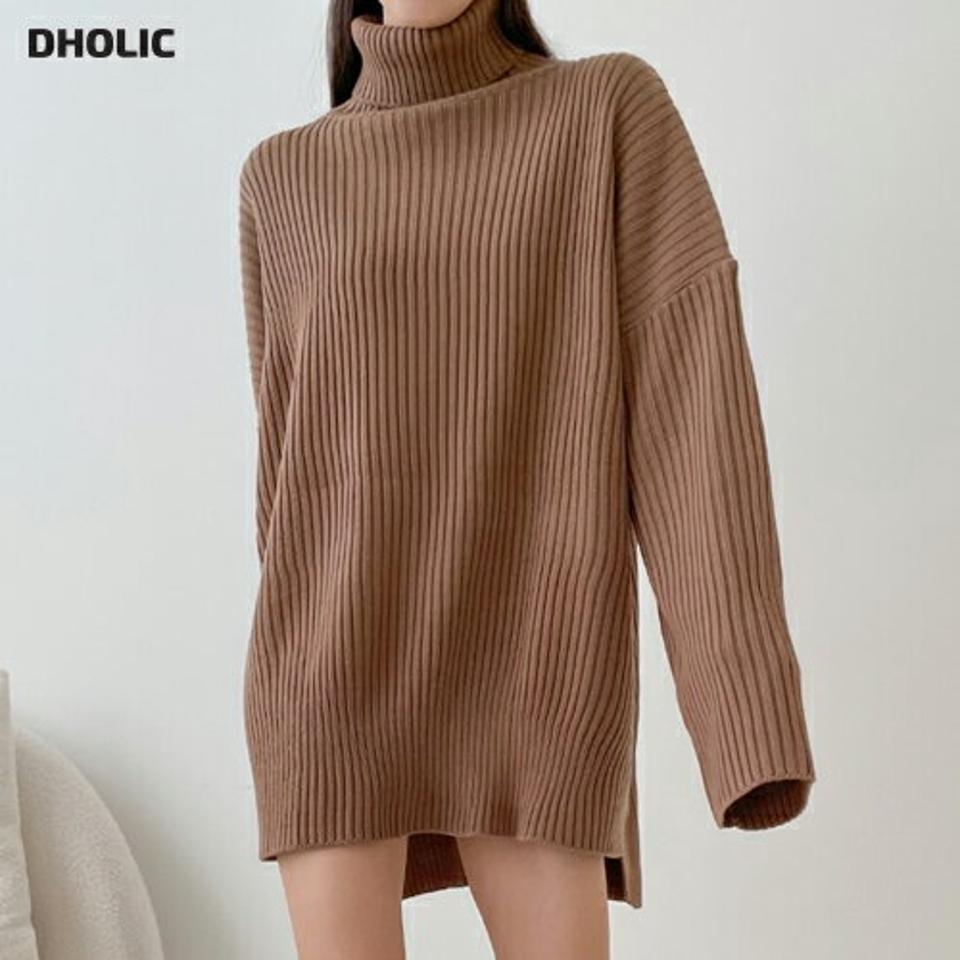 リブタートルルーズニット・p001069 レディース 【tops】トップス ニット 長袖 単色 無地 シンプル ベーシック ルーズ ミドル丈 タートルネック リブ ドロップショルダー 秋 冬 カジュアル ラフ 韓国ファッション MKT