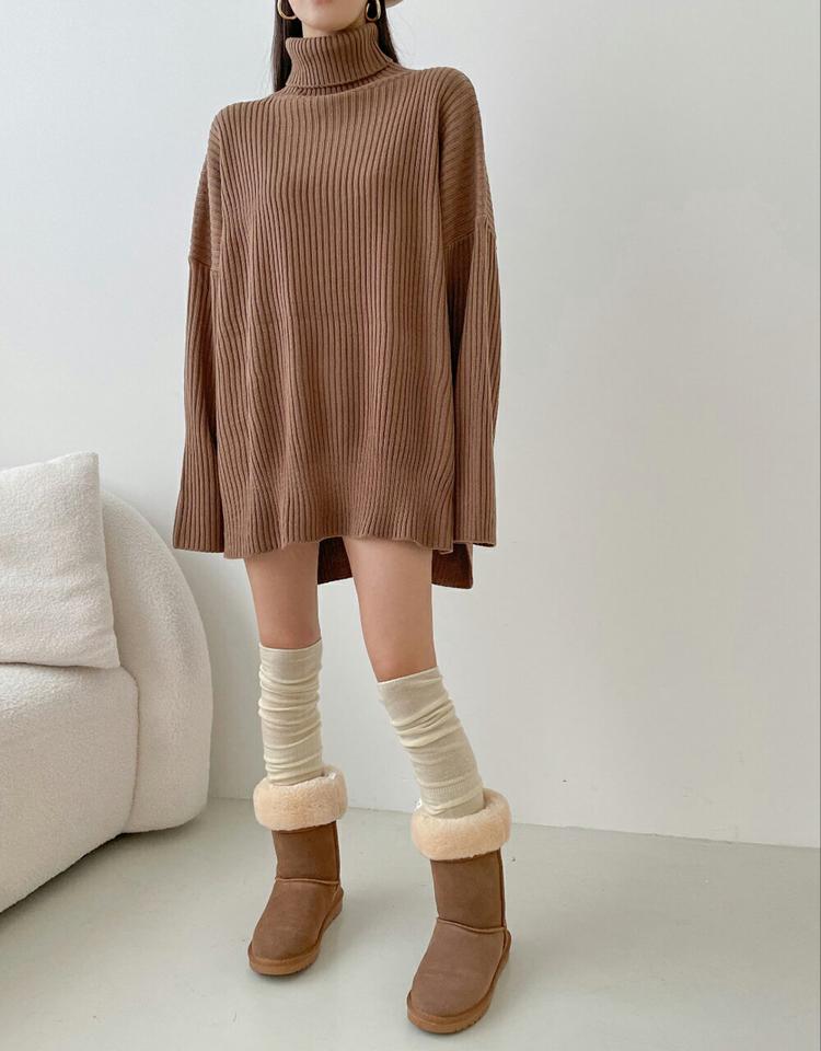 リブタートルルーズニット・p001069 レディース 【tops】トップス ニット 長袖 単色 無地 シンプル ベーシック ルーズ ミドル丈 タートルネック リブ ドロップショルダー 秋 冬 カジュアル ラフ 韓国ファッション MKT