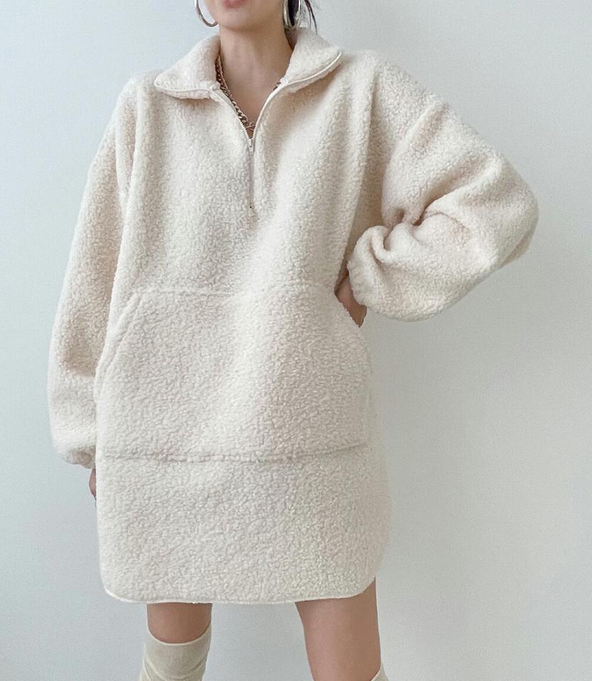 ボアハーフジッププルオーバー・p001066 レディース 【tops】トップス 長袖 単色 無地 ボア もこもこ ふわふわ 襟 えり ハーフジップ ドロップショルダー ルーズ ミドル丈 秋 冬 カジュアル ラフ プルオーバー 韓国ファッション MKT
