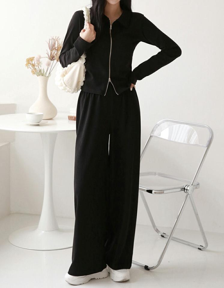 ダブルジップカーディガン&ワイドパンツSET・p001139 レディース 【pt】セットアップ セット setup トップス カーディガン 長袖 ジップ 単色 無地 シンプル ベーシック パンツ ロング丈 ワイド 秋 冬 カジュアル ラフ 韓国ファッション MKT