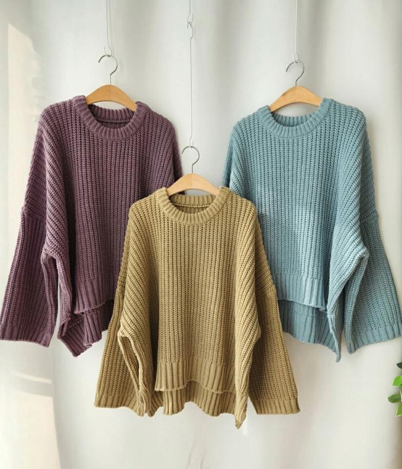 アンバランスヘムルーズニット・p001079 レディース 【tops】トップス ニット 長袖 単色 無地 シンプル ベーシック アンバランス ルーズ ゆったり 楽ちん ドロップショルダー 秋 冬 カジュアル ラフ 韓国ファッション MKT