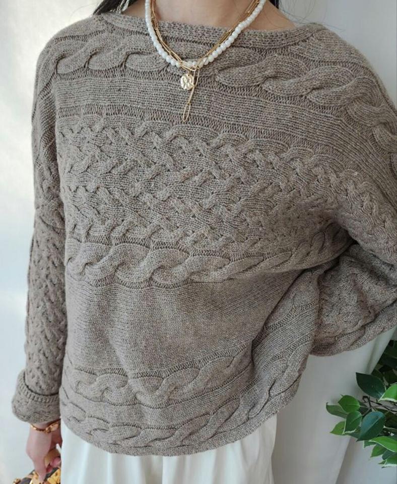 ウール混ボートネックケーブルニット・p001078 レディース 【tops】トップス ニット 長袖 単色 柄 模様 ケーブル編み ケーブルニット ボートネック ウール混 秋 冬 ドロップショルダー ルーズ ゆったり 楽ちん 韓国ファッション MKT