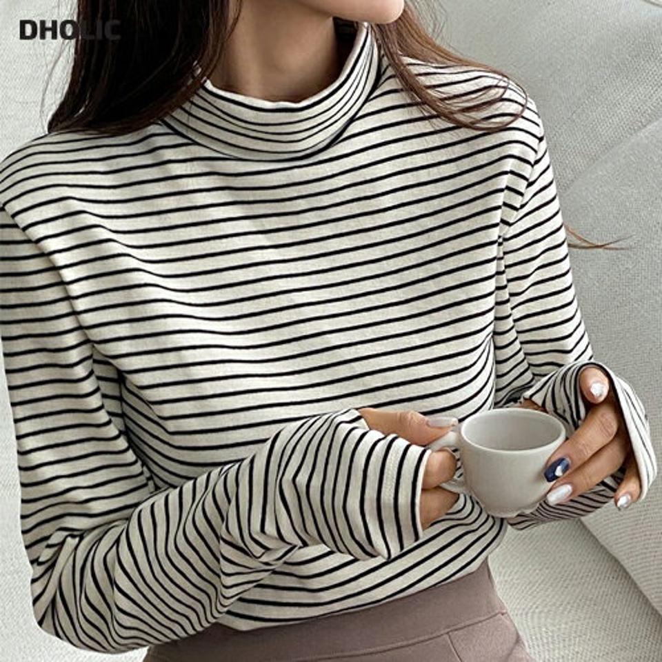 裏起毛ボーダーフィンガーホールTシャツ・b00465 レディース 【tops】トップス Tシャツ 大人 長袖 タートルネック 裏起毛 ボーダー フィンガーホール 大人 シンプル フェミニン カジュアル 秋 冬 韓国ファッション