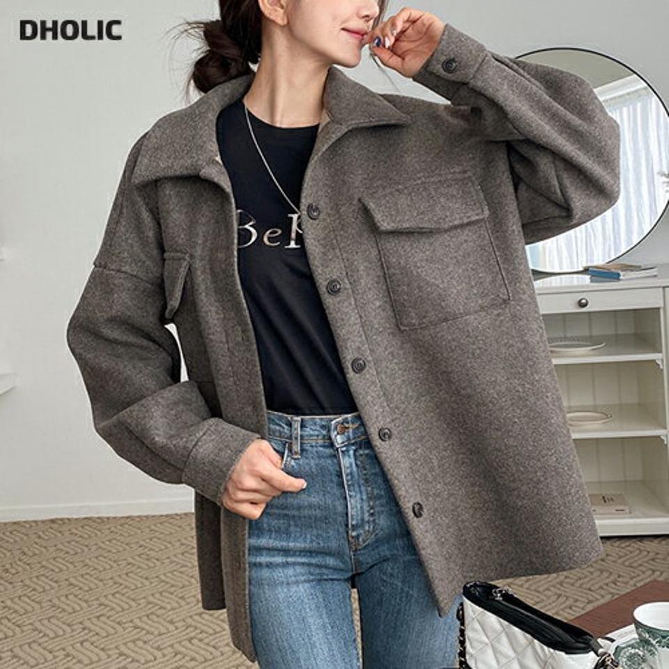 ウール混ポケットルーズシャツ・t00456 レディース 【bl】トップス シャツ 長袖 ウール混 ドロップショルダ ポケット ルーズ メランジカラー 大人 単色 無地 上品 カジュアル フェミニン 秋 冬 韓国ファッション
