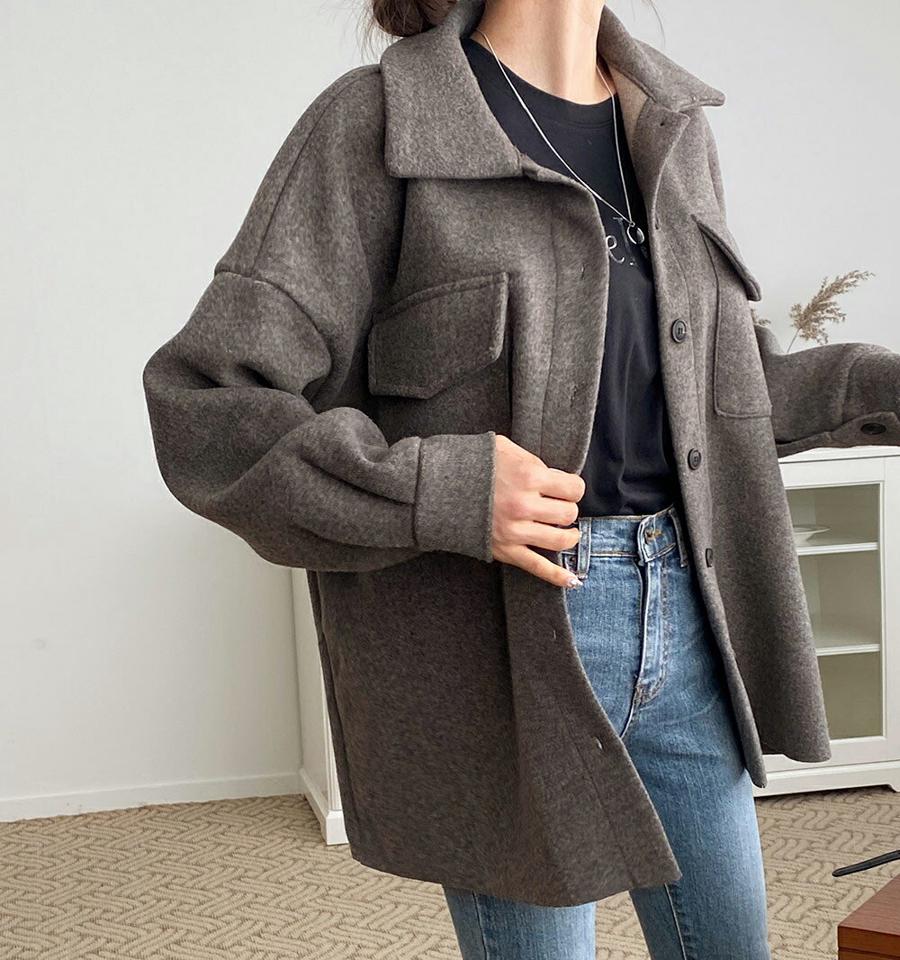 ウール混ポケットルーズシャツ・t00456 レディース 【bl】トップス シャツ 長袖 ウール混 ドロップショルダ ポケット ルーズ メランジカラー 大人 単色 無地 上品 カジュアル フェミニン 秋 冬 韓国ファッション