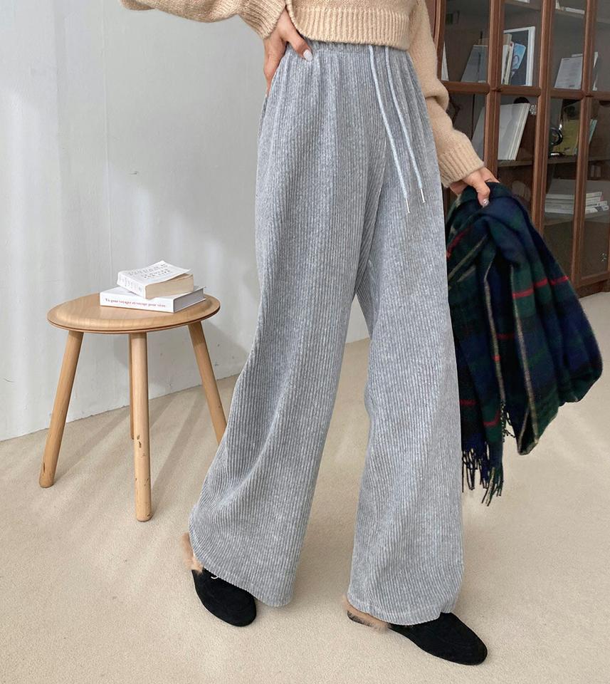 モダール混コーデュロイパンツ・t00476 レディース 【pt】ボトムス ロング ロングパンツ コーデュロイパンツ モダール混 ハイウエスト ゴム ワイド ストレート シンプル 体型カバー フェミニン カジュアル 秋 冬 韓国ファッション