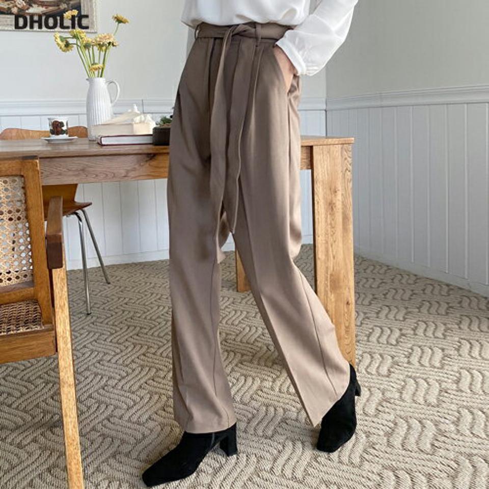 ストラップ付ワイドスラックス・t00479 レディース 【pt】ボトムス ロング ロングパンツ スラックスパンツ スラックス ストラップ付 ワイド ツータック 無地 シンプル 体型カバー フェミニン カジュアル 秋 冬 韓国ファッション