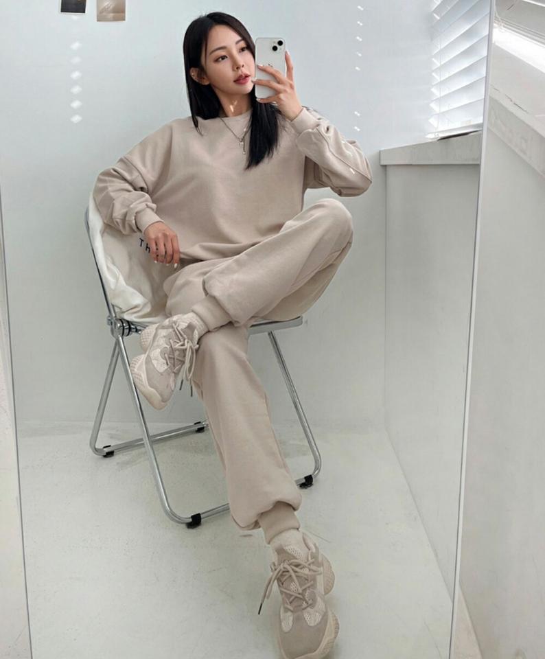 スウェット&ジョガーパンツSET・p001325 レディース 【pt】パンツ ロング丈 ジョガーパンツ ウエストゴム 単色 無地 シンプル ベーシック スウェット トレーナー トップス 長袖 秋 冬 カジュアル ラフ 楽ちん 韓国ファッション MKT