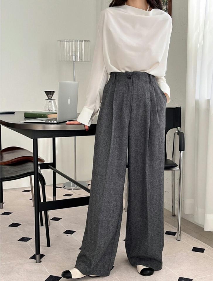 【マラソン特価】ウール混メランジスラックス・p001312 レディース 【pt】スラックス パンツ ロング丈 柄 模様 メランジ ワイド ウール混 フルレングス ベルトループ 秋 冬 カジュアル 体系カバー 韓国ファッション MKT セール