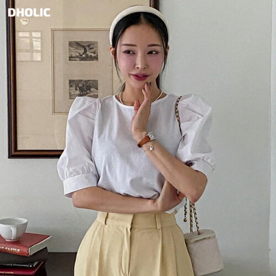 パフ5分袖コットンTシャツ・p001305 レディース 【tops】トップス Tシャツ 半袖 単色 無地 シンプル ベーシック コットン 綿 パフ袖 パフスリーブ 五分袖 5分袖 春 夏 キュート かわいい 可愛い 韓国ファッション MKT