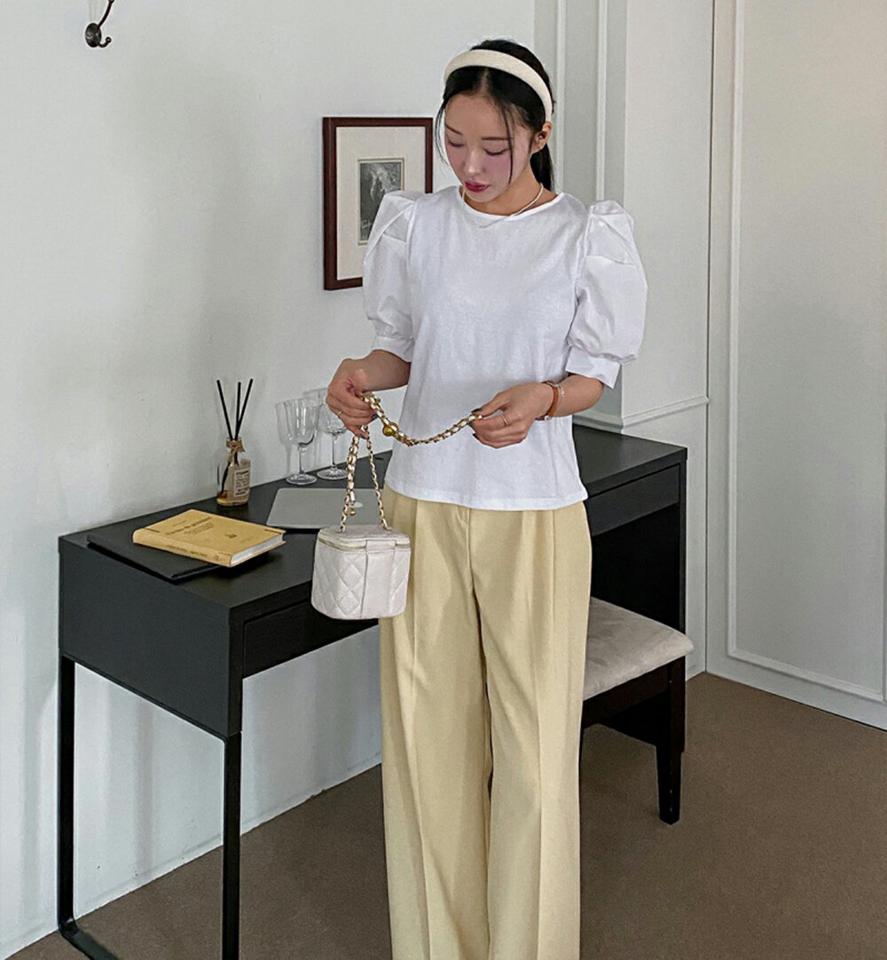 パフ5分袖コットンTシャツ・p001305 レディース 【tops】トップス Tシャツ 半袖 単色 無地 シンプル ベーシック コットン 綿 パフ袖 パフスリーブ 五分袖 5分袖 春 夏 キュート かわいい 可愛い 韓国ファッション MKT