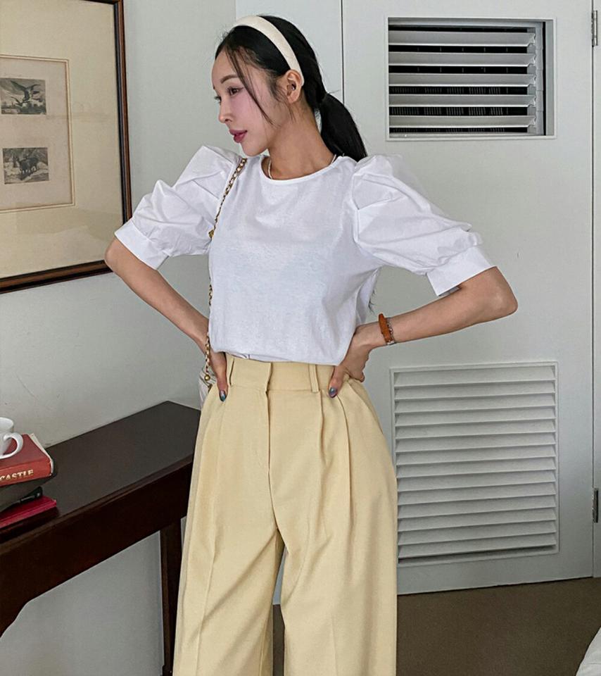 パフ5分袖コットンTシャツ・p001305 レディース 【tops】トップス Tシャツ 半袖 単色 無地 シンプル ベーシック コットン 綿 パフ袖 パフスリーブ 五分袖 5分袖 春 夏 キュート かわいい 可愛い 韓国ファッション MKT