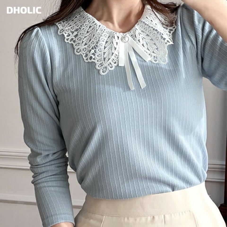 ブローチ付レースカラーリブTシャツ・p001350 レディース 【tops】トップス Tシャツ 長袖 ブローチ レース 柄 模様 襟コン 襟 配色 秋 冬 きれいめ 上品 かわいい 可愛い キュート 高級感 パステル 韓国ファッション MKT