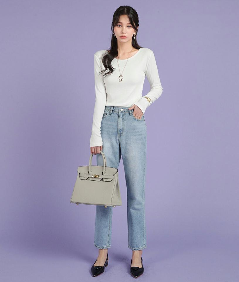 ラウンドネックリブTシャツ・t00261 レディース 【tops】トップス Tシャツ ラウンドネック 長袖 リブ スリム 無地 単色 シンプル ベーシック 大人 フェミニン カジュアル かわいい 可愛い 秋 冬 韓国ファッション