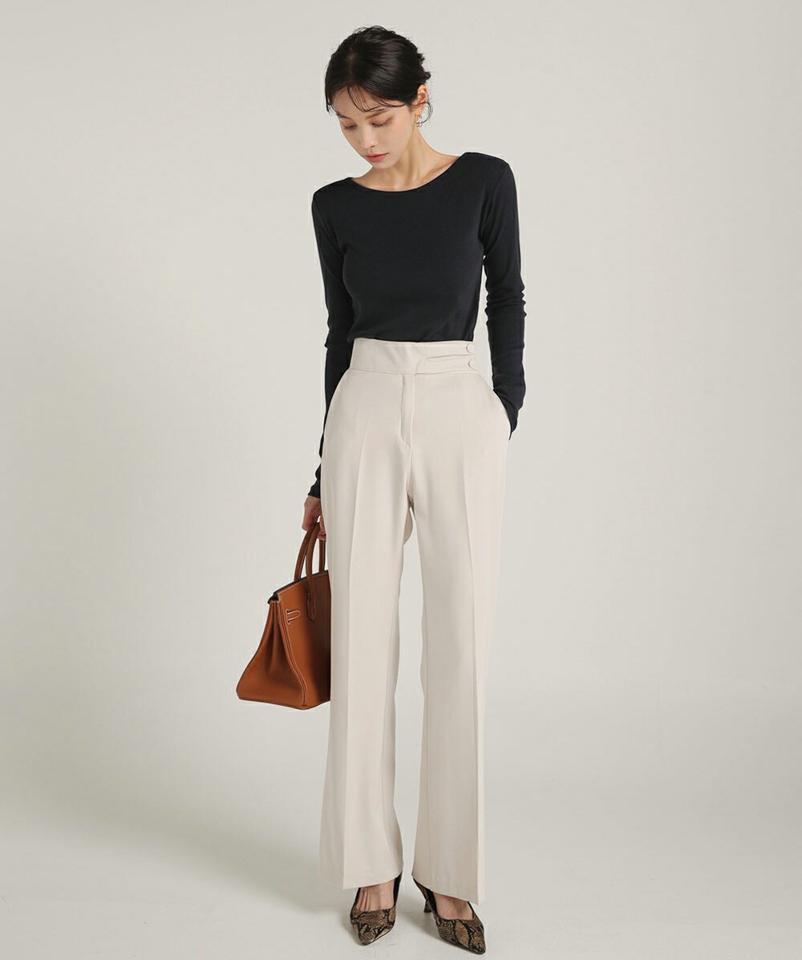 くるみツーボタンスラックス・t00289 レディース 【pt】ボトムス ロング ロングパンツ スラックスパンツ スラックス くるみツーボタン ハイウエスト センタープレス 無地 単色 ベーシック シンプル フェミニン カジュアル 秋 冬 韓国ファッション