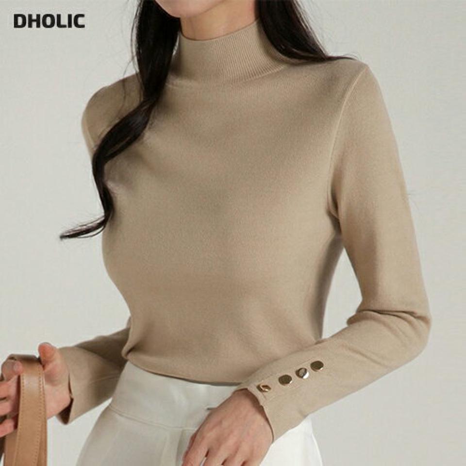 ハーフネックスリーブボタンニット・b00266 レディース 【tops】トップス ニット 大人 ハーフネック 長袖 スリーブ ボタン 大人 無地 単色 シンプル フェミニン カジュアル かわいい 可愛い 秋 冬 韓国ファッション