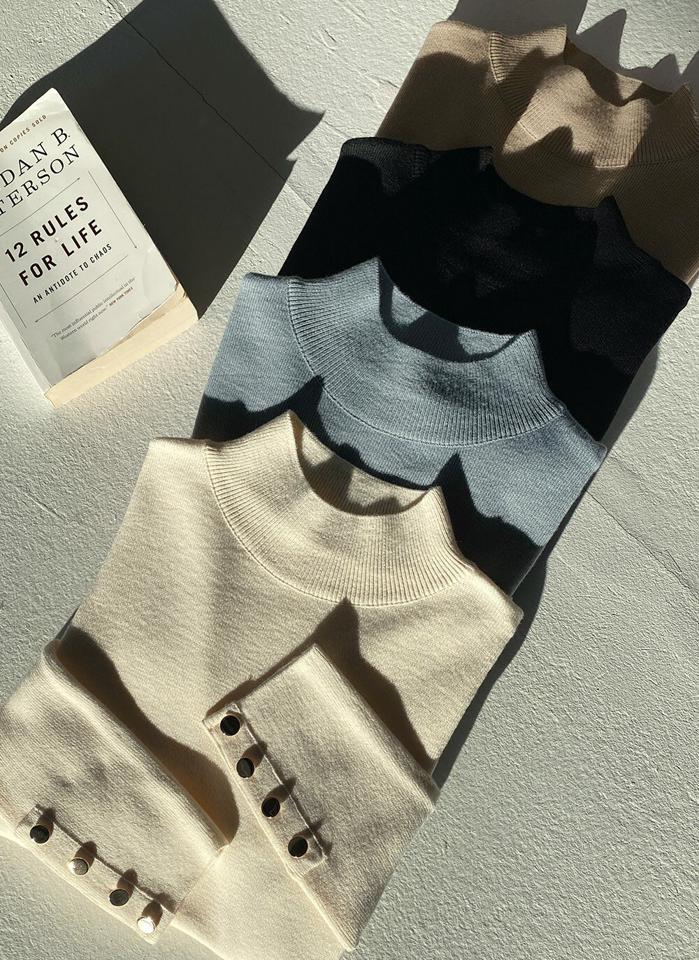 ハーフネックスリーブボタンニット・b00266 レディース 【tops】トップス ニット 大人 ハーフネック 長袖 スリーブ ボタン 大人 無地 単色 シンプル フェミニン カジュアル かわいい 可愛い 秋 冬 韓国ファッション