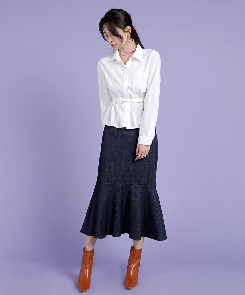ウエストストリングシャツ・t00270 レディース 【bl】トップス シャツ カラーネック 長袖 ウエストストリング ポケット 綿 コットン 大人 上品 カジュアル フェミニン 可愛い かわいい 秋 冬 韓国ファッション