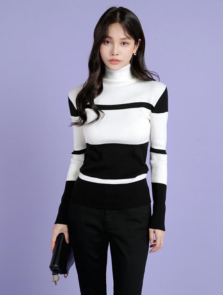 リブ配色ボーダータートルニット・b00267 レディース 【tops】トップス ニット 大人 タートルネック 長袖 リブ スリム 柄ニット ボーダー 配色 大人 フェミニン カジュアル かわいい 可愛い 秋 冬 韓国ファッション