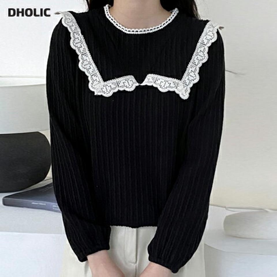 【スーパーセール特価】テンセル混レース配色リブ長袖Tシャツ・p001135 レディース 【tops】トップス Tシャツ 長袖 配色 柄 模様 レース テンセル混 リブ 秋 冬 カジュアル キュート ラフ かわいい 可愛い ラブリー 韓国ファッション MKT