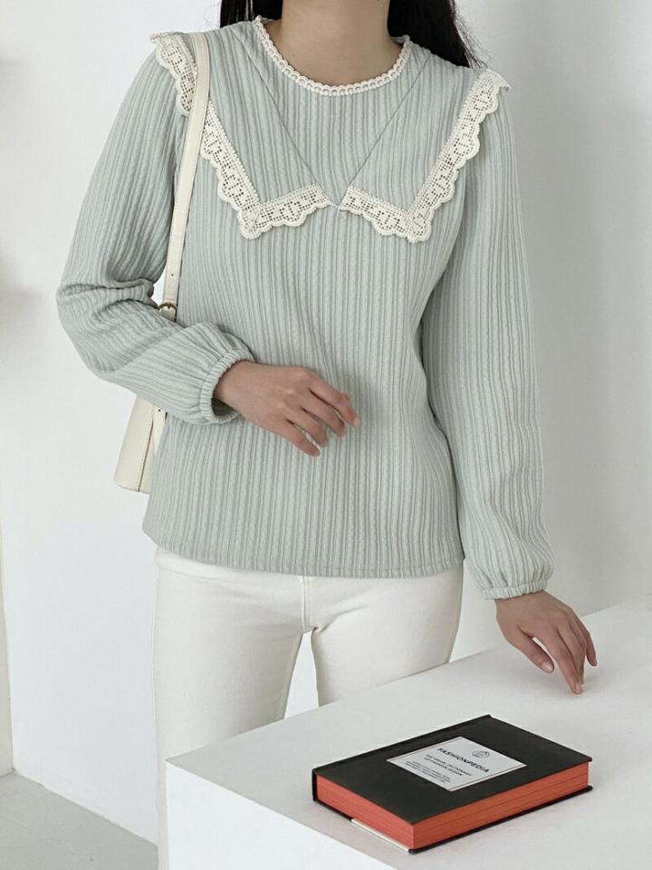【スーパーセール特価】テンセル混レース配色リブ長袖Tシャツ・p001135 レディース 【tops】トップス Tシャツ 長袖 配色 柄 模様 レース テンセル混 リブ 秋 冬 カジュアル キュート ラフ かわいい 可愛い ラブリー 韓国ファッション MKT