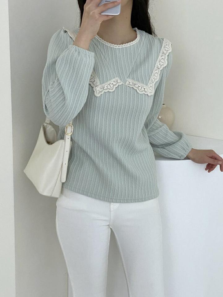 【スーパーセール特価】テンセル混レース配色リブ長袖Tシャツ・p001135 レディース 【tops】トップス Tシャツ 長袖 配色 柄 模様 レース テンセル混 リブ 秋 冬 カジュアル キュート ラフ かわいい 可愛い ラブリー 韓国ファッション MKT