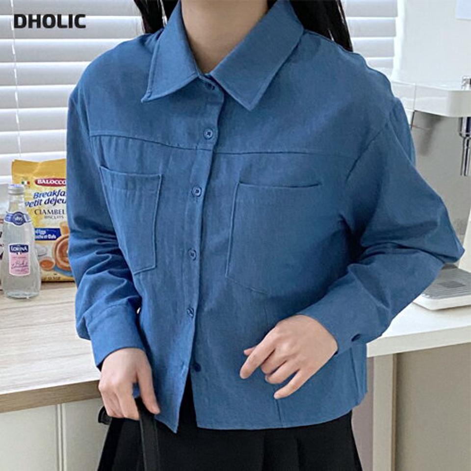 ポケットクロップドデニムシャツ・p001137 レディース 【bl】シャツ トップス 長袖 単色 無地 シンプル ベーシック 襟 えり デニム ボタン ぼたん 秋 冬 カジュアル ラフ 青 ブルー 韓国ファッション MKT
