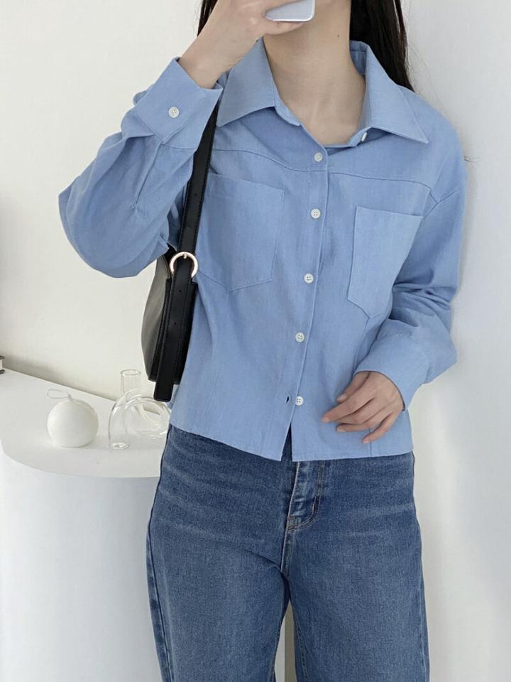 ポケットクロップドデニムシャツ・p001137 レディース 【bl】シャツ トップス 長袖 単色 無地 シンプル ベーシック 襟 えり デニム ボタン ぼたん 秋 冬 カジュアル ラフ 青 ブルー 韓国ファッション MKT