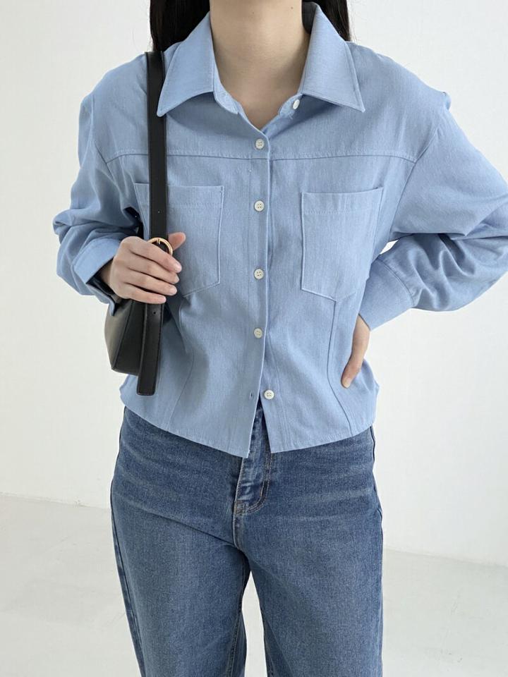ポケットクロップドデニムシャツ・p001137 レディース 【bl】シャツ トップス 長袖 単色 無地 シンプル ベーシック 襟 えり デニム ボタン ぼたん 秋 冬 カジュアル ラフ 青 ブルー 韓国ファッション MKT