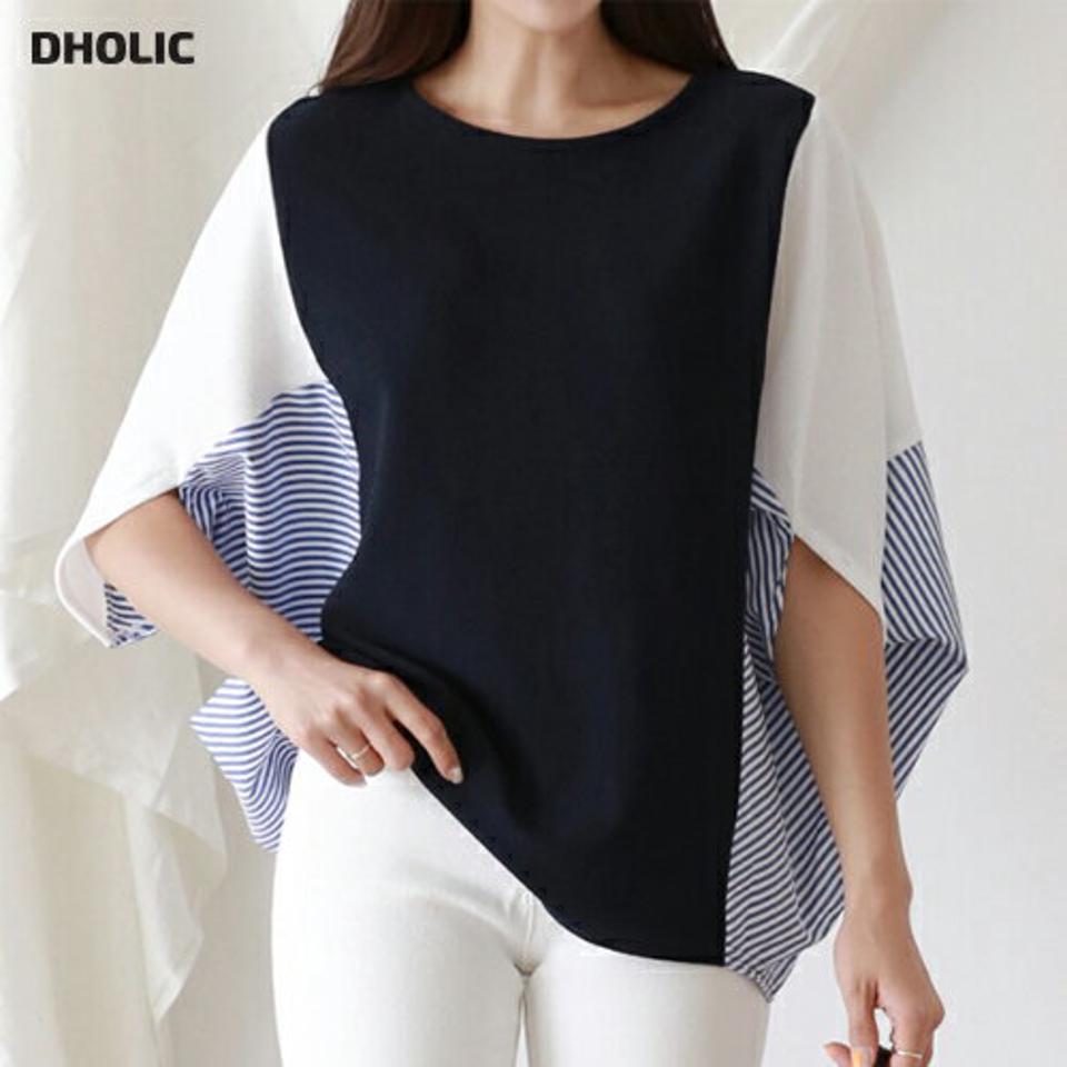 ボーダー配色ドルマンTシャツ・p001244 レディース 【tops】トップス Tシャツ 七分袖 7分袖 柄 模様 配色 ボーダー ドルマン ゆったり 楽ちん 二の腕カバー 体系カバー 秋 春 かわいい 可愛い カジュアル ラフ 韓国ファッション MKT