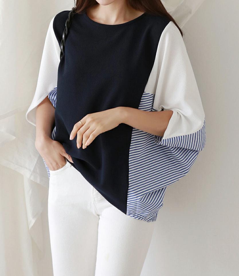 ボーダー配色ドルマンTシャツ・p001244 レディース 【tops】トップス Tシャツ 七分袖 7分袖 柄 模様 配色 ボーダー ドルマン ゆったり 楽ちん 二の腕カバー 体系カバー 秋 春 かわいい 可愛い カジュアル ラフ 韓国ファッション MKT