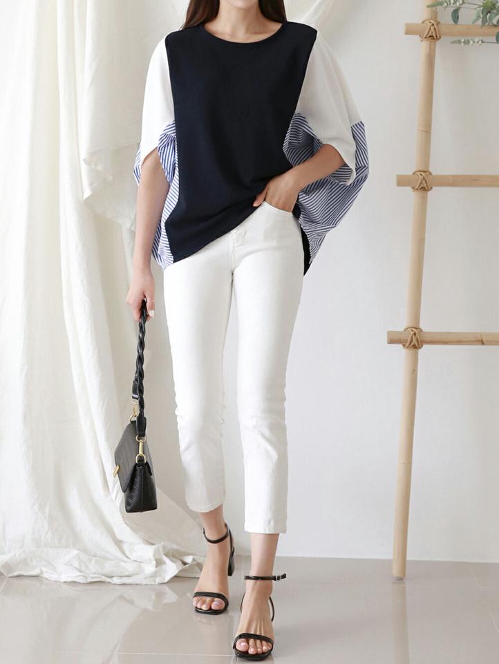 ボーダー配色ドルマンTシャツ・p001244 レディース 【tops】トップス Tシャツ 七分袖 7分袖 柄 模様 配色 ボーダー ドルマン ゆったり 楽ちん 二の腕カバー 体系カバー 秋 春 かわいい 可愛い カジュアル ラフ 韓国ファッション MKT