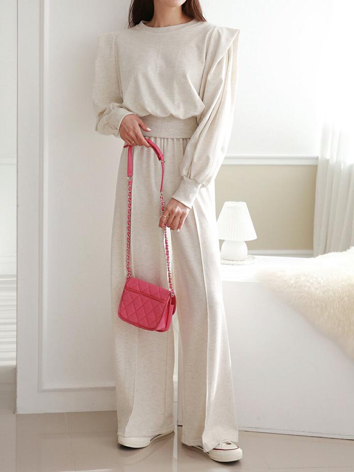 パフスウェット&ワイドパンツSET・p001285 レディース 【pt】セットアップ セット setup トップス スウェット トレーナー 長袖 単色 無地 シンプル ベーシック パンツ ロング丈 ワイド パフ袖 パフスリーブ 秋 冬 カジュアル 韓国ファッション MKT