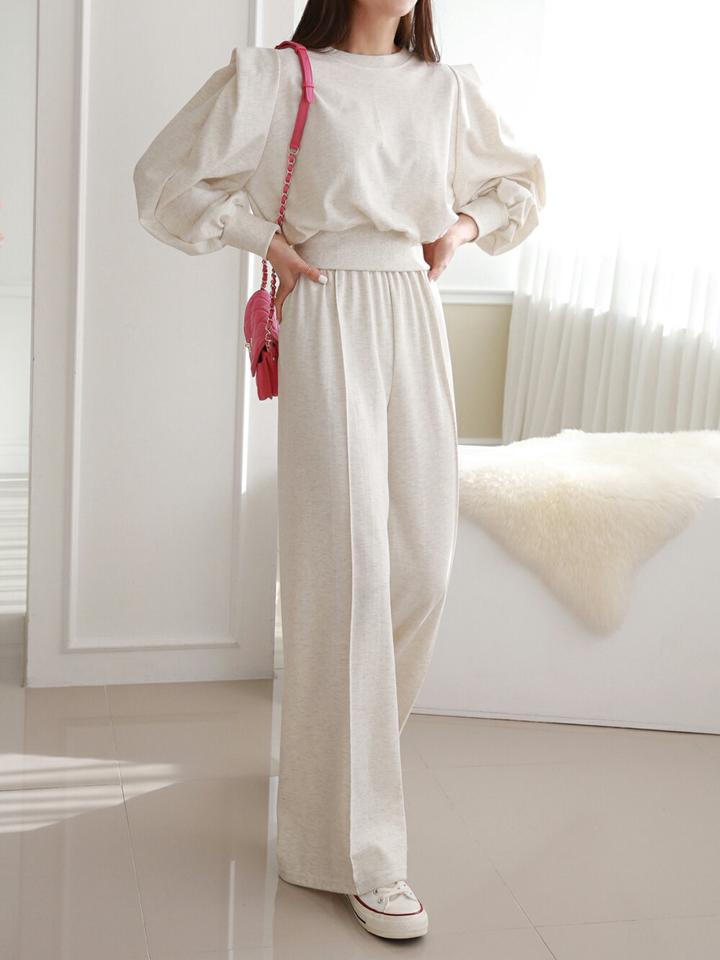 パフスウェット&ワイドパンツSET・p001285 レディース 【pt】セットアップ セット setup トップス スウェット トレーナー 長袖 単色 無地 シンプル ベーシック パンツ ロング丈 ワイド パフ袖 パフスリーブ 秋 冬 カジュアル 韓国ファッション MKT