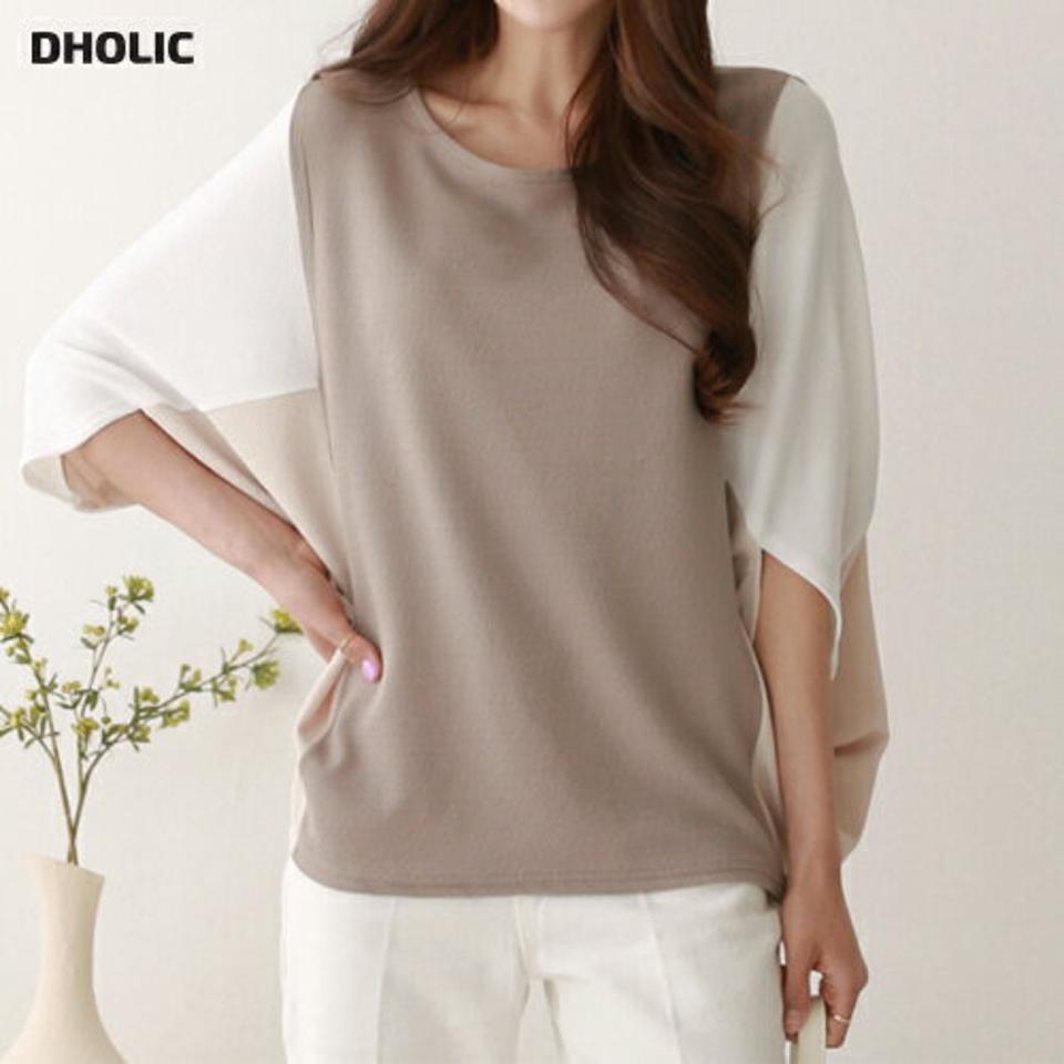 配色ドルマンTシャツ・p001256 レディース 【tops】トップス Tシャツ 7分袖 七分袖 配色 柄 模様 ドルマン 二の腕カバー 体系カバー 秋 春 楽ちん ラフ カジュアル かわいい 可愛い 韓国ファッション MKT