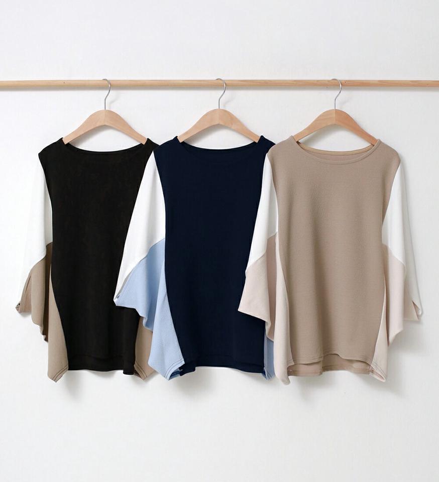 配色ドルマンTシャツ・p001256 レディース 【tops】トップス Tシャツ 7分袖 七分袖 配色 柄 模様 ドルマン 二の腕カバー 体系カバー 秋 春 楽ちん ラフ カジュアル かわいい 可愛い 韓国ファッション MKT