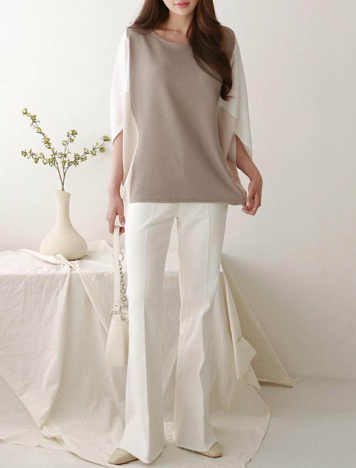配色ドルマンTシャツ・p001256 レディース 【tops】トップス Tシャツ 7分袖 七分袖 配色 柄 模様 ドルマン 二の腕カバー 体系カバー 秋 春 楽ちん ラフ カジュアル かわいい 可愛い 韓国ファッション MKT