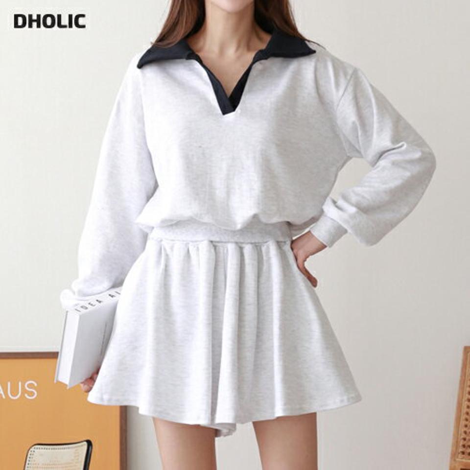 スキッパー配色スウェット&ショートパンツSET・p001255 レディース 【pt】セットアップ セット setup パンツ ショート丈 フレア ウエストゴム スウェット トップス 柄 模様 配色 スキッパー 鎖骨 デコルテ 秋 冬 カジュアル 韓国ファッション MKT