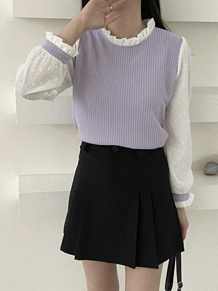 テンセル混配色フリルリブTシャツ・p001133 レディース 【tops】トップス Tシャツ 長袖 配色 柄 模様 フリル パステル リブ キュート かわいい 可愛い 秋 冬 ラブリー カジュアル 韓国ファッション MKT