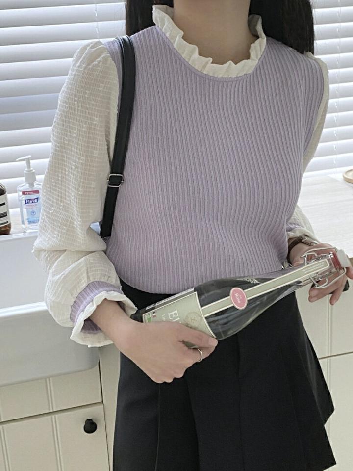 テンセル混配色フリルリブTシャツ・p001133 レディース 【tops】トップス Tシャツ 長袖 配色 柄 模様 フリル パステル リブ キュート かわいい 可愛い 秋 冬 ラブリー カジュアル 韓国ファッション MKT