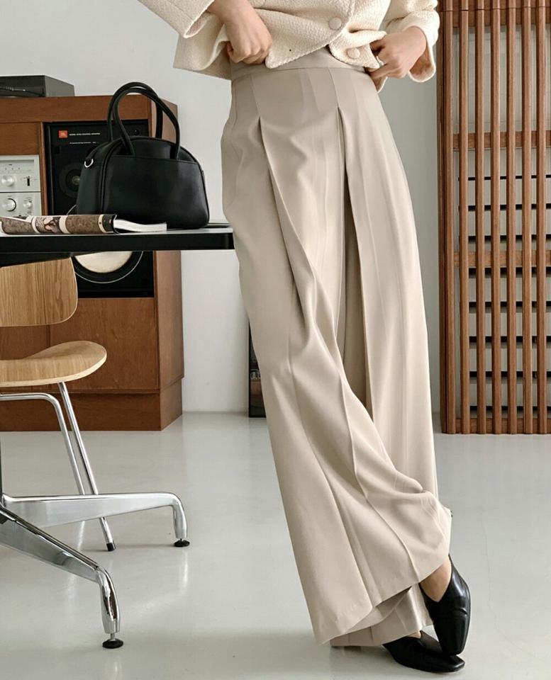 タックラインワイドスラックス・p001284 レディース 【pt】パンツ ロング丈 ワイド タック 単色 無地 シンプル ベーシック ズボン 揺れ感 スラックス ゆったり 楽ちん 秋 冬 春 大人 きれいめ 韓国ファッション MKT