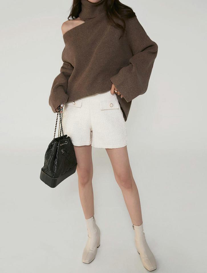 ウール混オープンショルダータートルニット・t00258 レディース 【tops】トップス ニット 大人 タートルネック 長袖 ウール混 リブ ショルダースリット ルーズ 大人 単色 無地 フェミニン カジュアル かわいい 可愛い 秋 冬 韓国ファッション